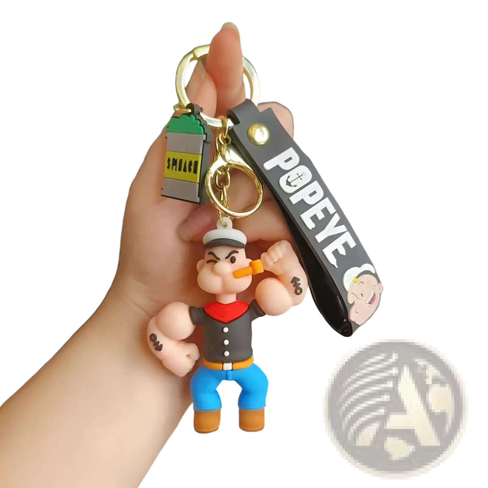 Popeye silicone keychain featuring a molded plastic figure in classic outfit with blue pants and orange shoes