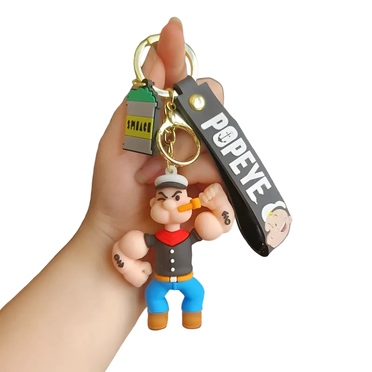 Popeye silicone keychain featuring a molded plastic figure in classic outfit with blue pants and orange shoes