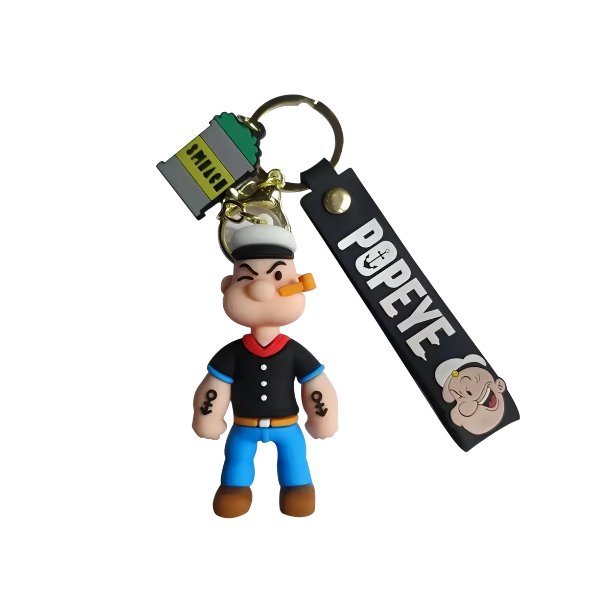 Popeye silicone keychain featuring a cartoon doll with black strap and green can charm for bags or keys