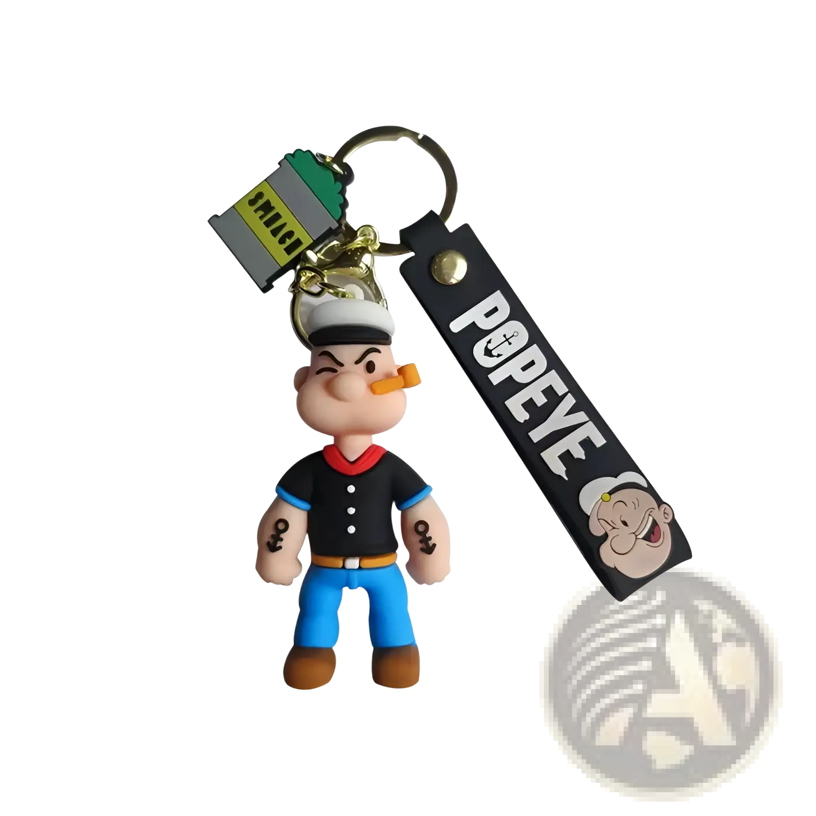 Popeye silicone keychain featuring a cartoon doll with black strap and green can charm for bags or keys