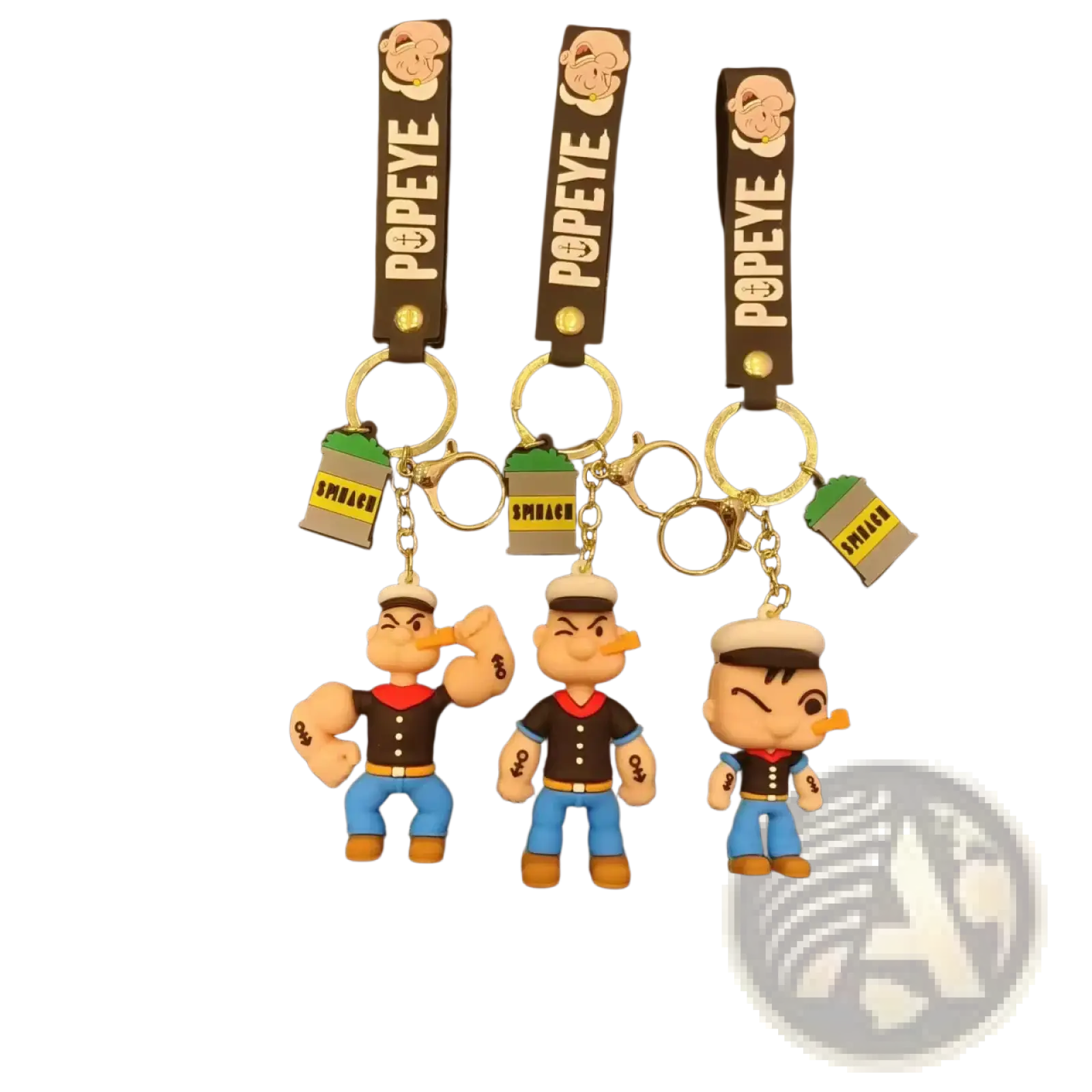 Three popeye silicone keychains with molded plastic figures in sailor outfits on black leather straps with gold rings