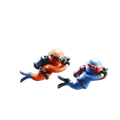 Two cartoonish scuba diver aquarium decorations in orange and blue with black fins for fish tank landscape decor