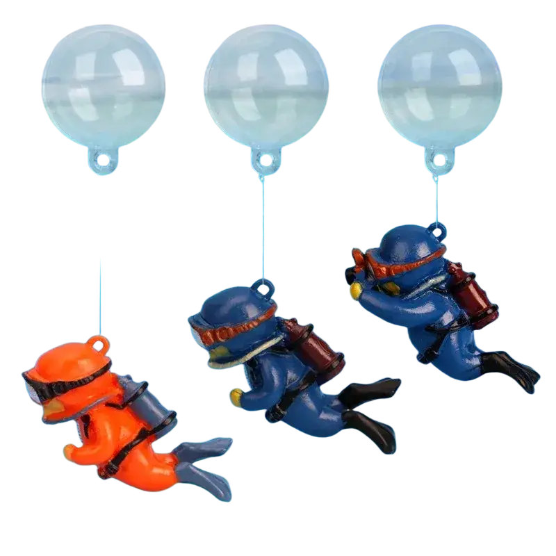 Three colorful plastic scuba diver figurines suspended by clear balloons for aquarium fish tank decoration
