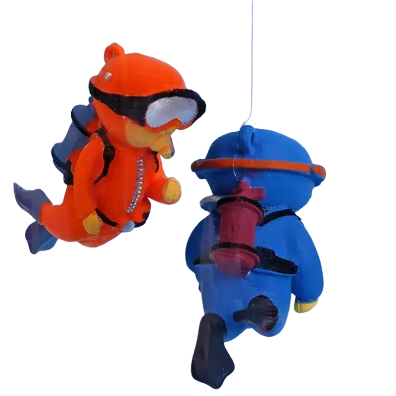 Two colorful plastic diving bear figurines in orange and blue for popular aquarium decorations and fish tank accessories