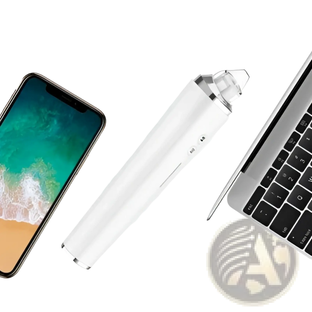 White cylindrical wireless charging pen with metallic accents for pore cleaner electric facial suction device 3 speeds