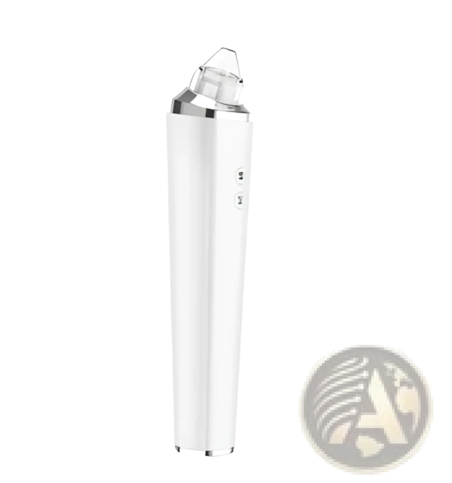 White and silver electric pore cleaner facial suction device with clear pointed tip and three adjustable speeds