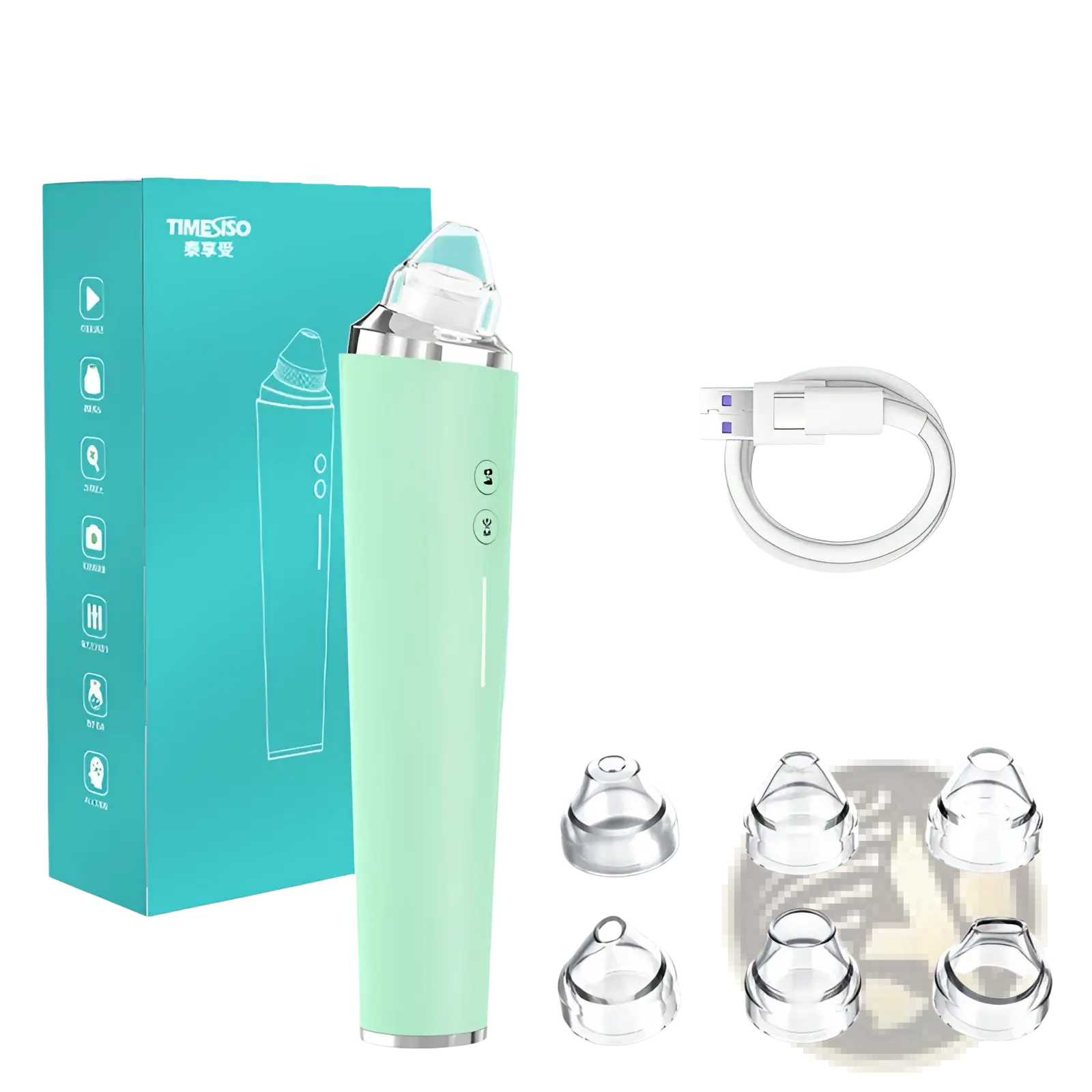 Mint green pore cleaner electric facial suction device with clear plastic attachments and silver metallic top with 3 speeds