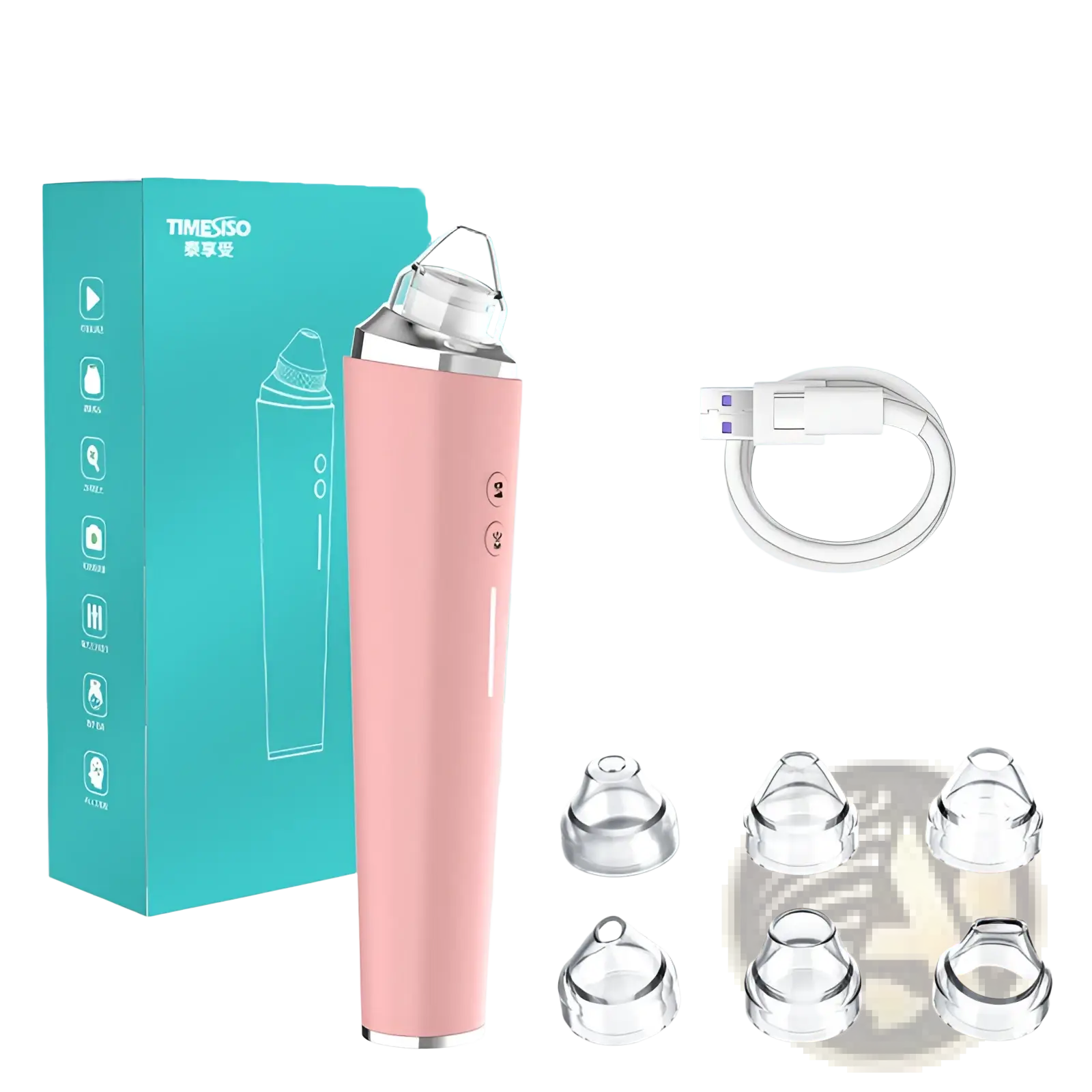 Pink and silver electric nose hair removal device with multiple clear interchangeable tips and three-speed facial suction feature