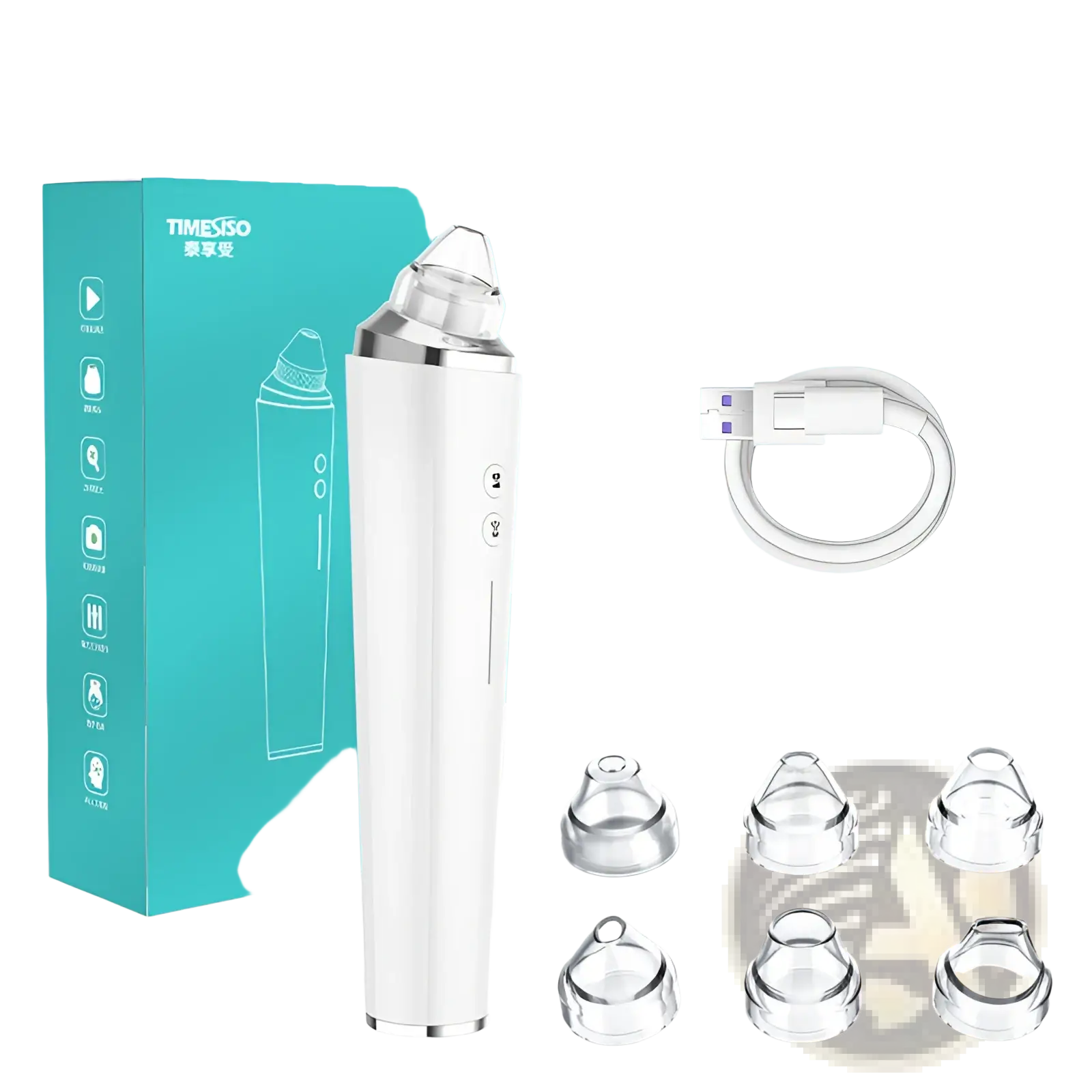 White and silver electric nose hair removal device with interchangeable clear silicone tips and three speed settings