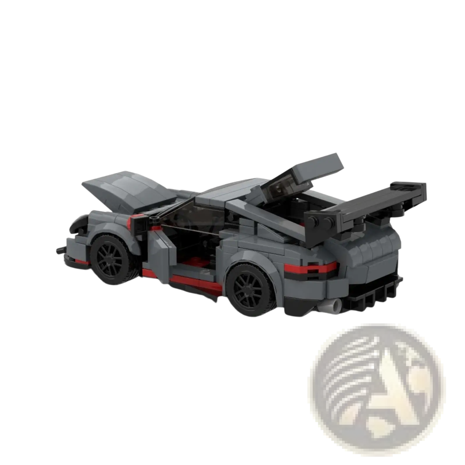 Gray and red lego technic porsche 918 spyder model with open doors hood and rear wing for sports car toy set