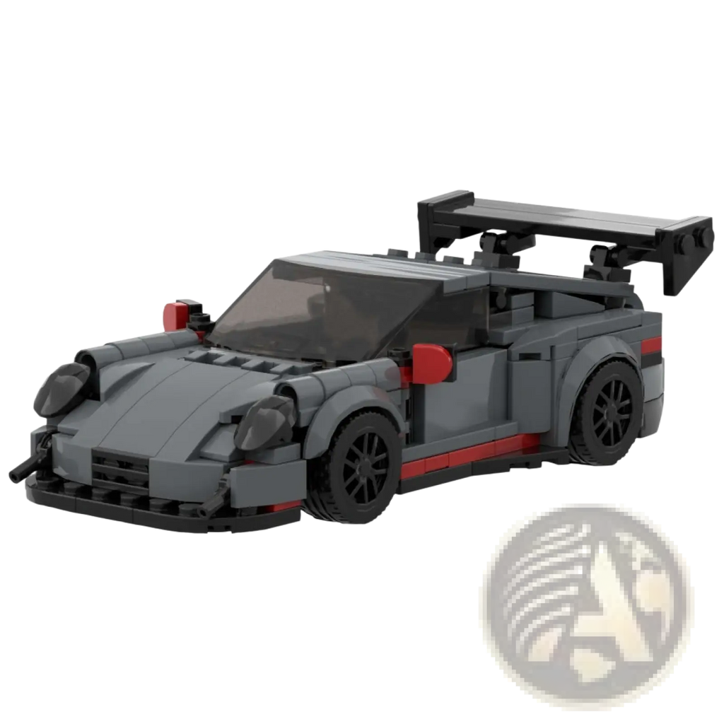 Gray and red lego Porsche 911 GT3 RS sports car toy with black wheels and prominent rear spoiler, 374 pieces