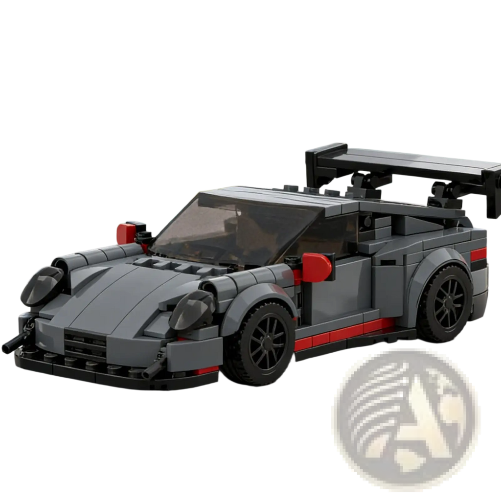 Gray and red Porsche 911 GT3 RS building blocks race car with black wheels and rear spoiler toy