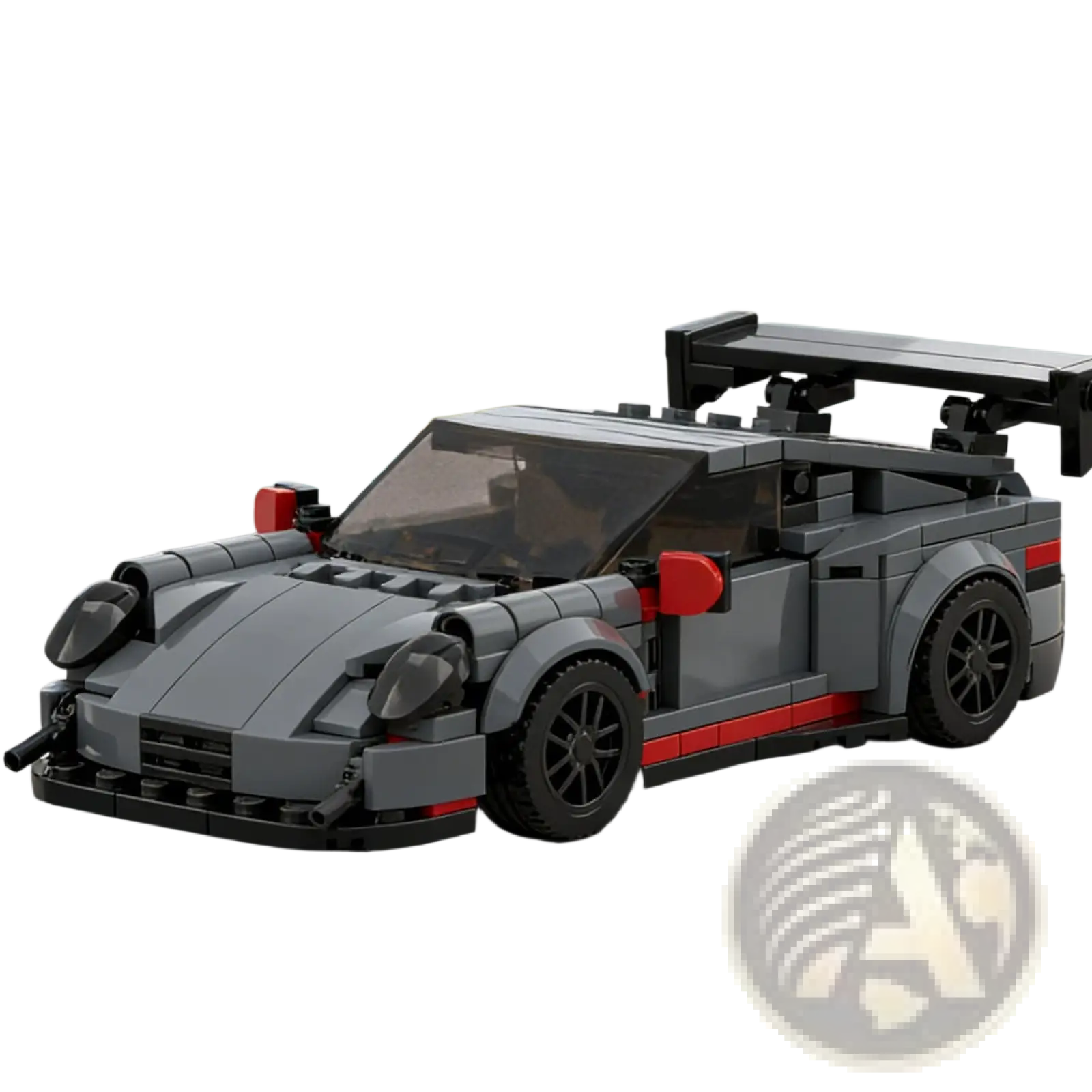 Gray and red Porsche 911 GT3 RS building blocks race car with black wheels and rear spoiler toy