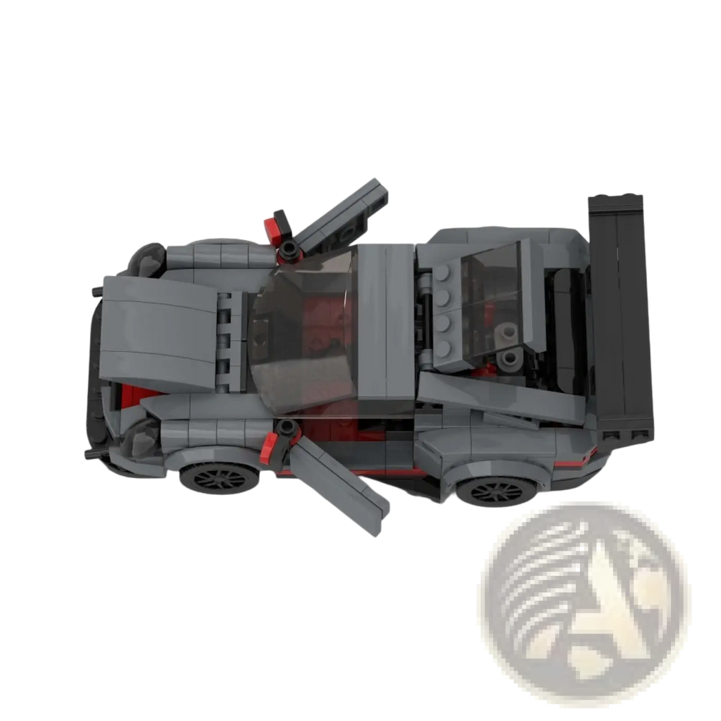 Gray and red lego technic Porsche 911 GT3 RS sports car toy with open doors and transparent roof 374pcs building blocks