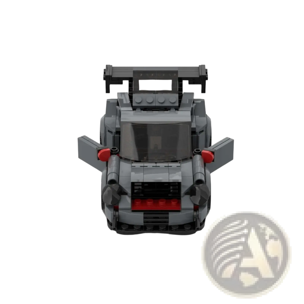 Gray lego Porsche 911 GT3 RS sports car toy with red accents and black rear spoiler made of 374 building blocks