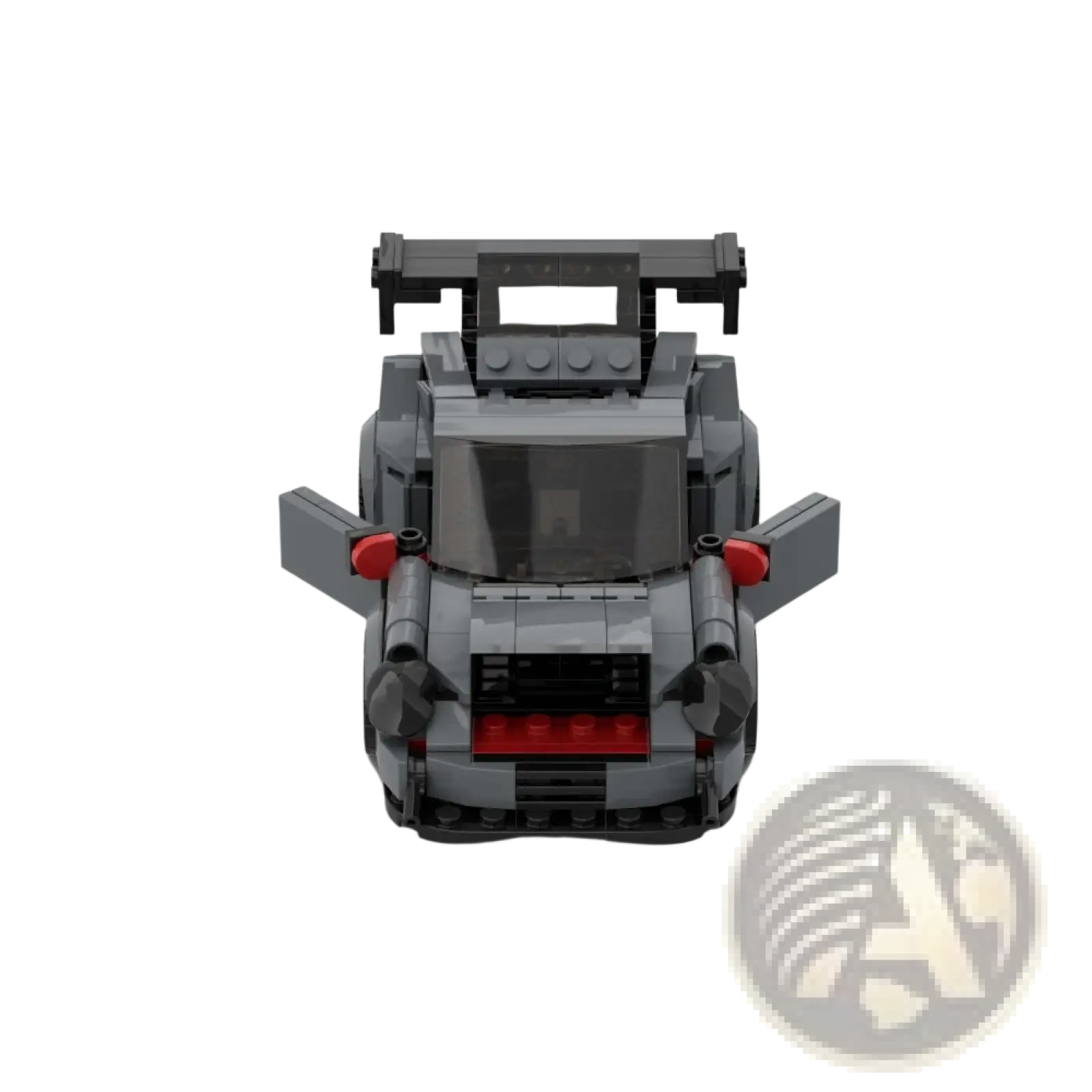 Gray lego Porsche 911 GT3 RS sports car toy with red accents and black rear spoiler made of 374 building blocks