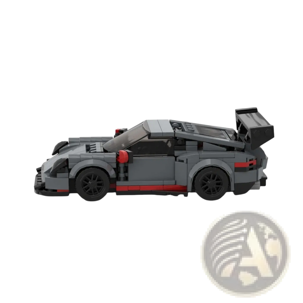 Gray and red Lego technic Porsche 911 GT3 RS sports car toy with black wheels and rear spoiler from back side view