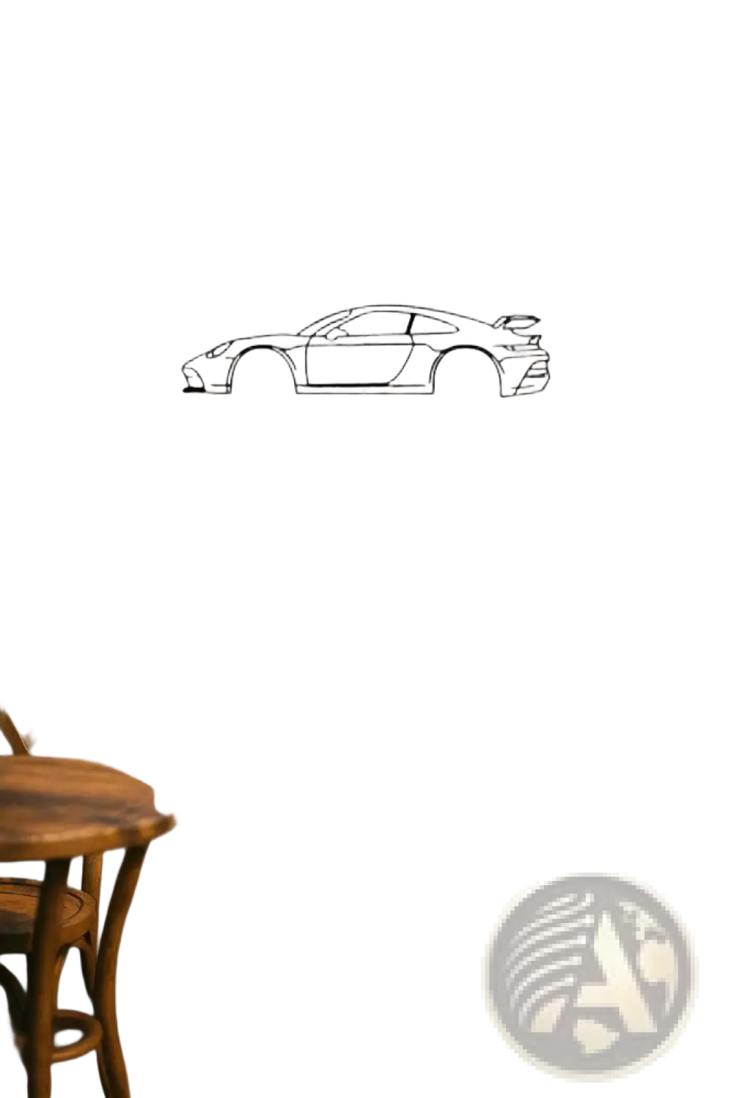 Black line-art silhouette of a Porsche 911 sports car metal wall art mounted on a wooden wall