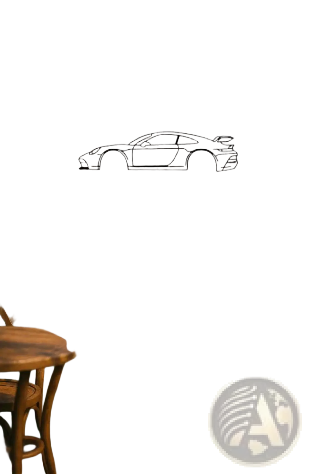 Black line-art silhouette of a Porsche 911 sports car metal wall art mounted on a wooden wall