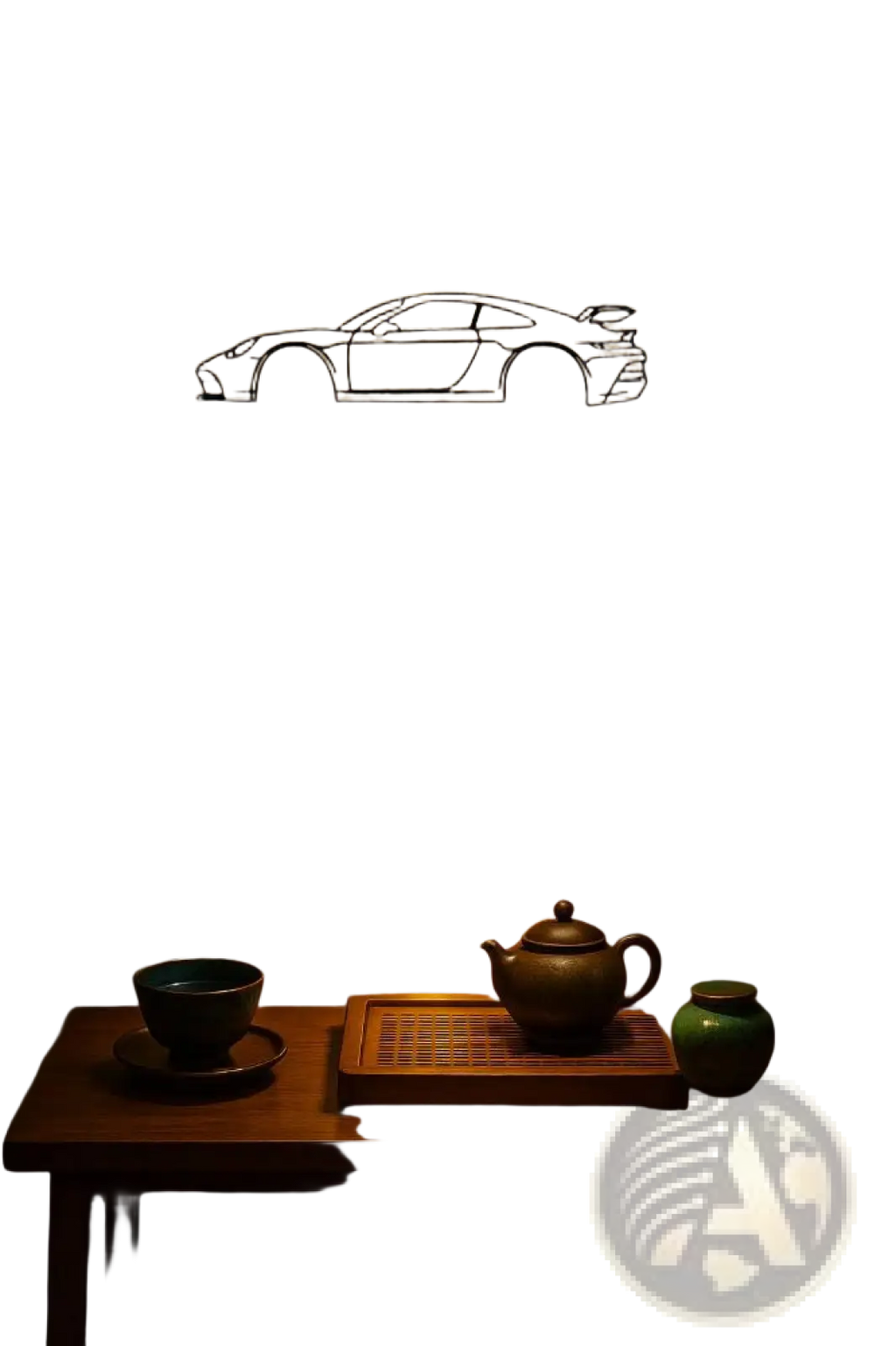 Minimalist black metal line-art silhouette of a porsche 911 sports car mounted on the wall as retro decor