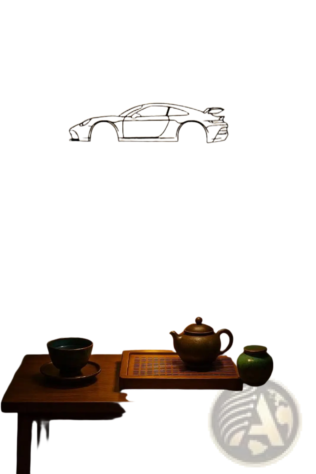 Minimalist black metal line-art silhouette of a porsche 911 sports car mounted on the wall as retro decor