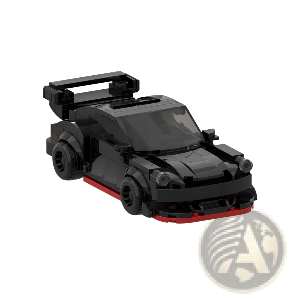 Black and red lego Porsche 911 Rwb building block speed car model showing the rear with prominent spoiler
