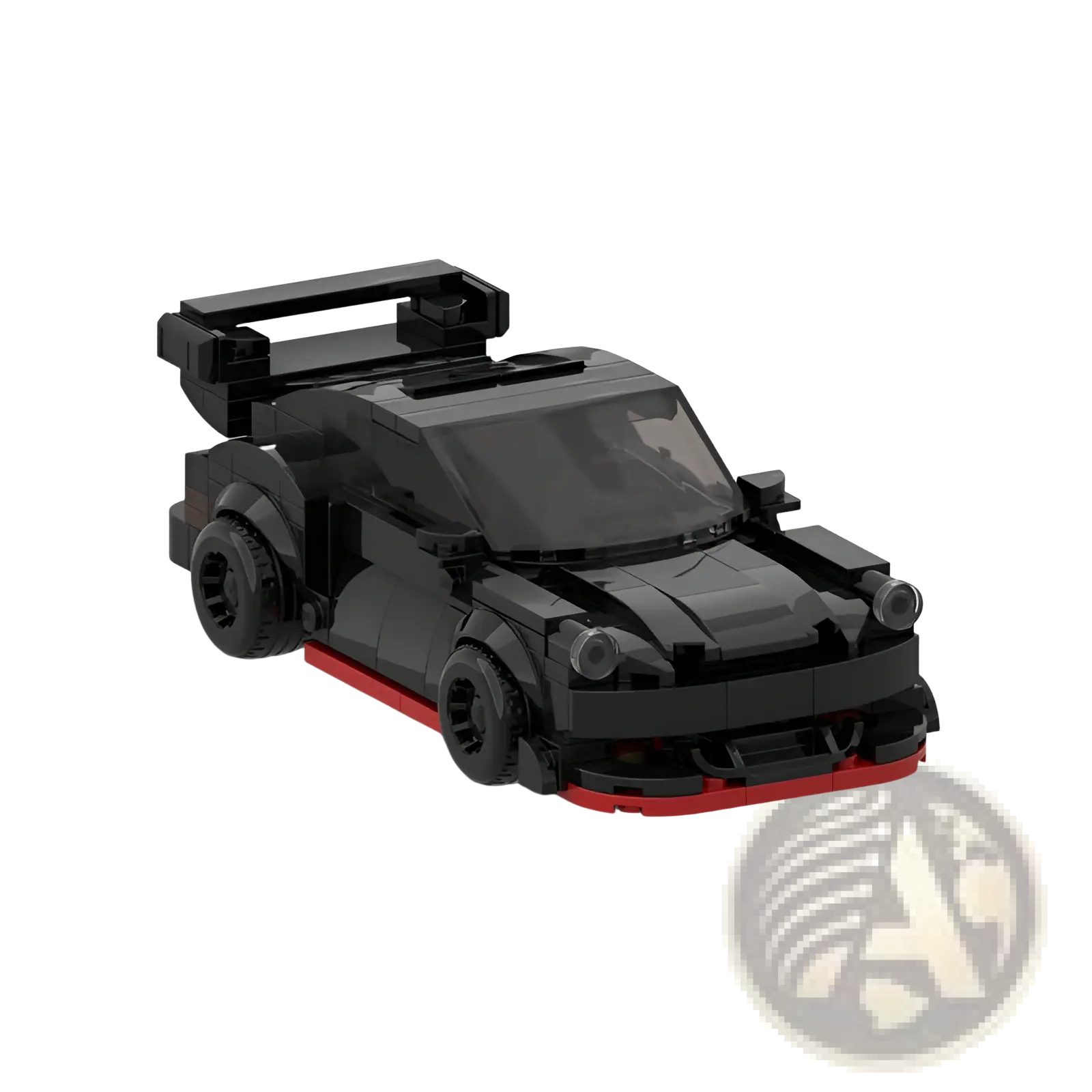 Black and red lego Porsche 911 Rwb building block speed car model showing the rear with prominent spoiler