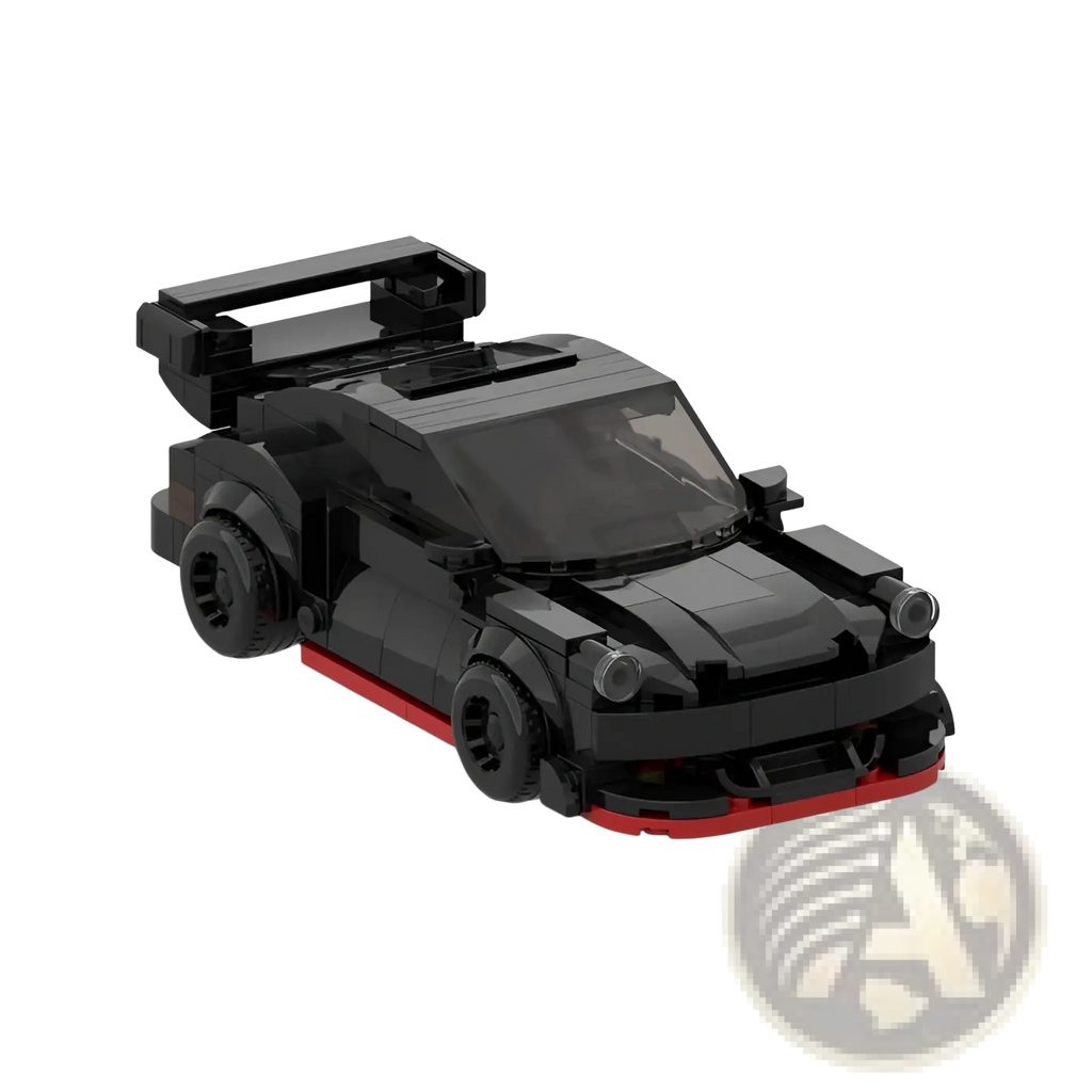 Black and red lego technic porsche 911 rwb sports car model featuring a prominent rear spoiler shown from the back side