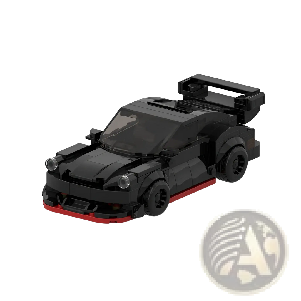 Black and red lego technic sports car model with sleek aerodynamic design of Porsche 911 Rwb building block speed car