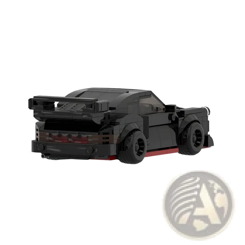 Black lego Porsche 911 Rwb building block sporty race car model showing back side with red undercarriage and taillights