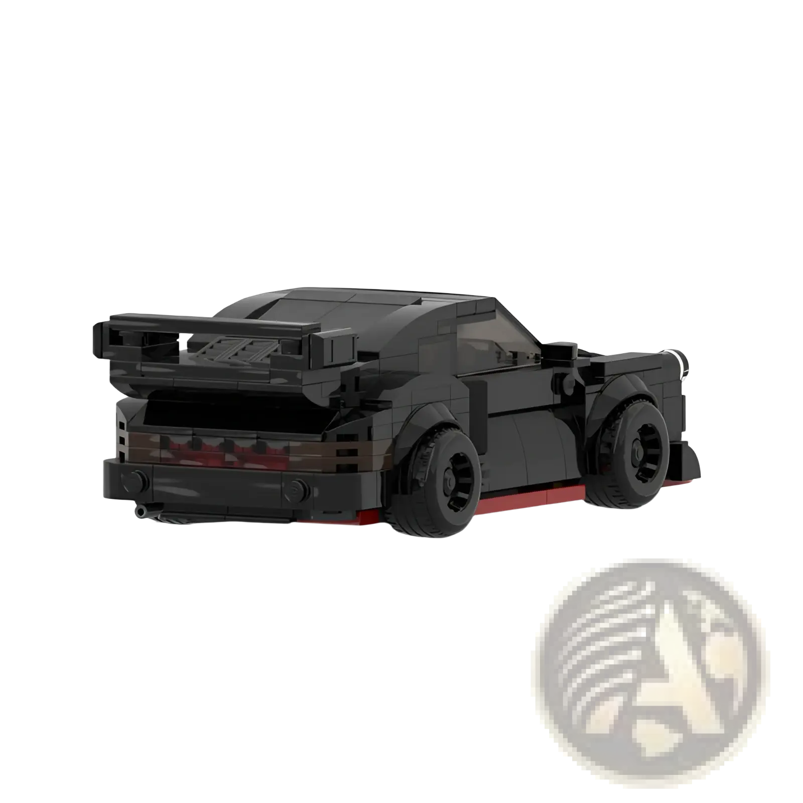 Black lego Porsche 911 Rwb building block sporty race car model showing back side with red undercarriage and taillights