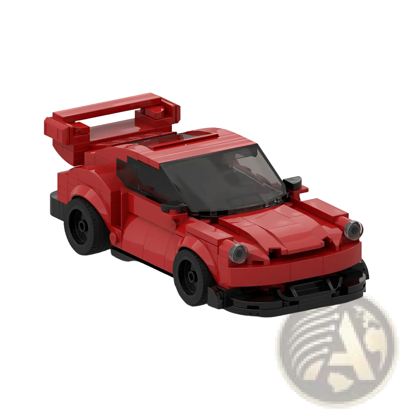Red lego-built Porsche 911 Rwb sports car model with black wheels and prominent rear spoiler shown from the back side