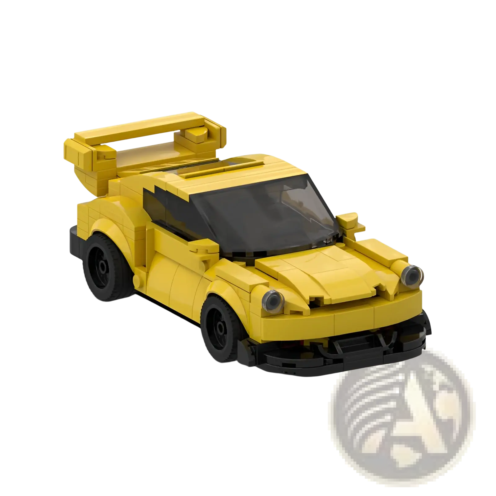 A vibrant yellow lego porsche 911 rwb race car model with black rear spoiler and wheels featuring detailed headlights