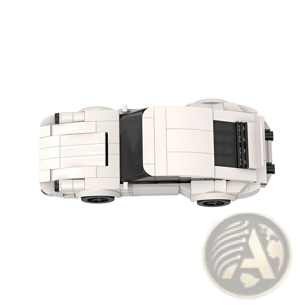 White lego porsche 911 sports car model with black roof and side vents displayed from the back side