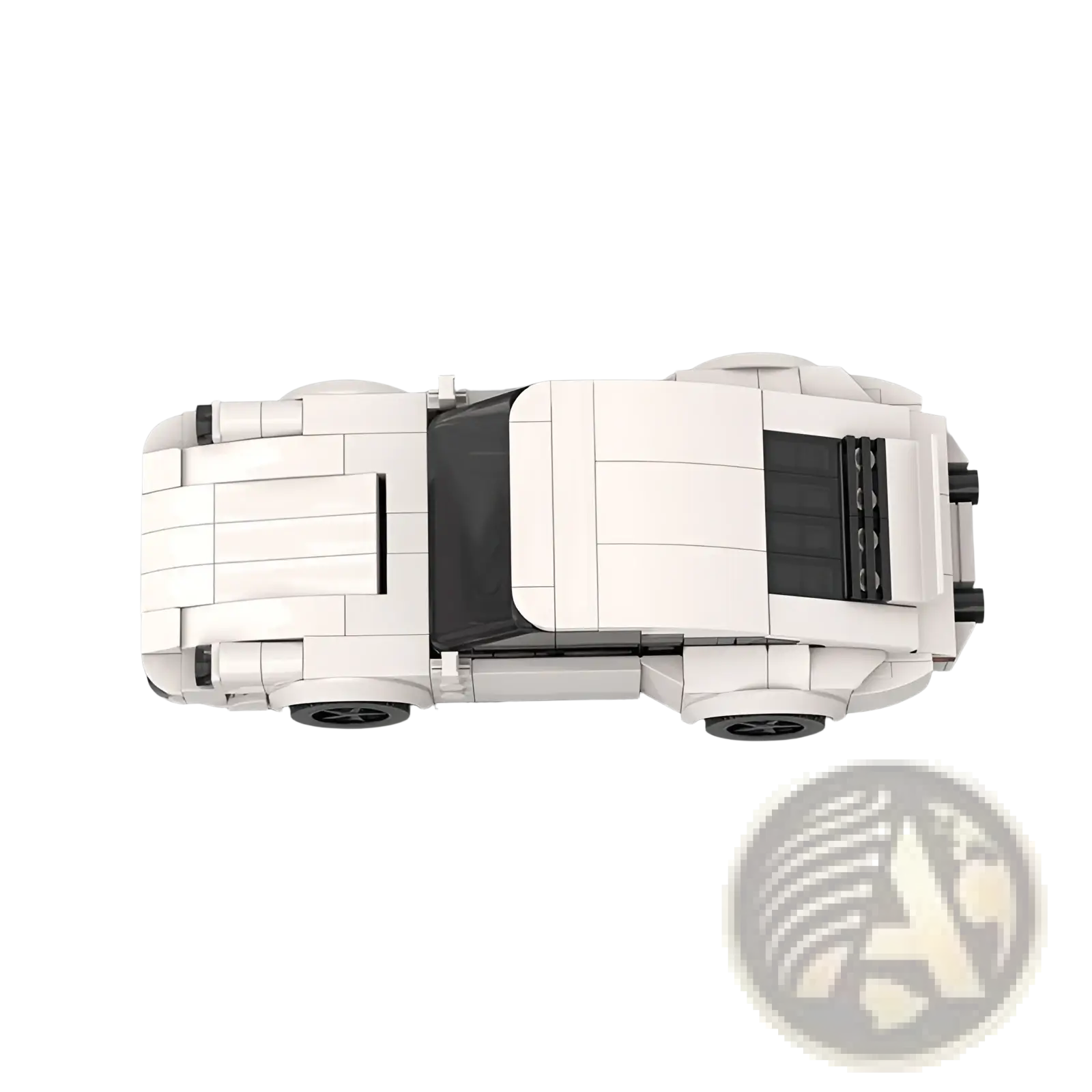 White lego porsche 911 sports car model with black roof and side vents displayed from the back side