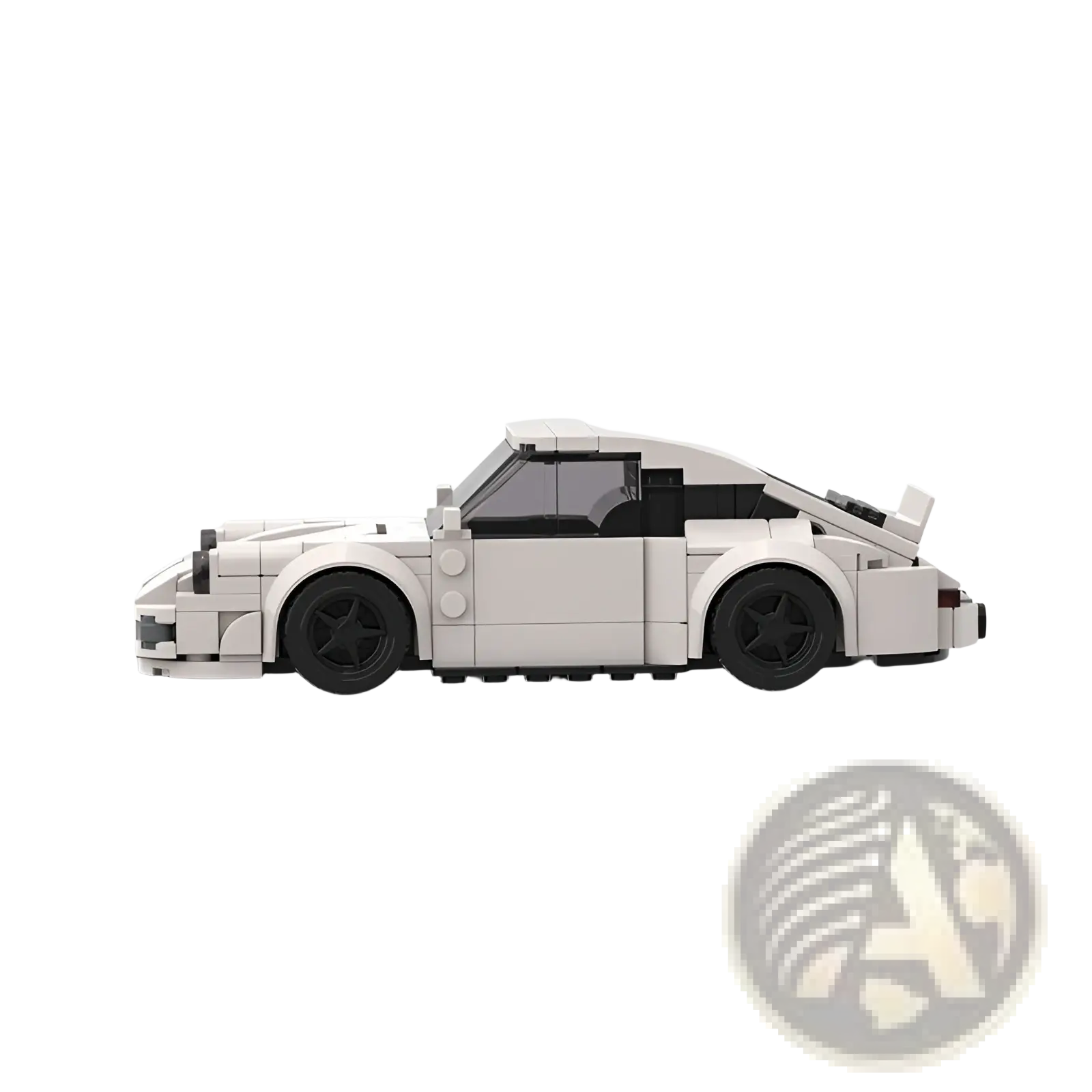 White lego porsche 911 sports car building block model with black wheels and windows shown from the back side