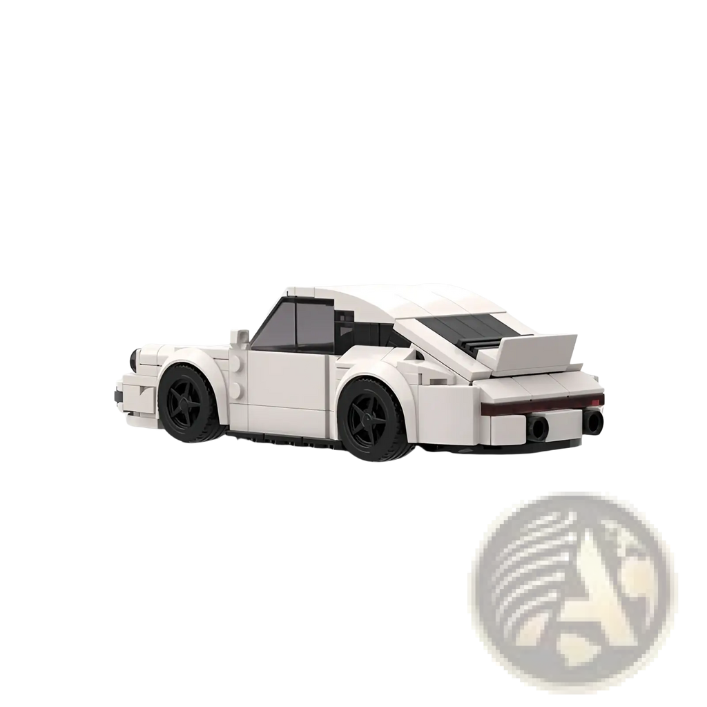 White porsche 911 sports car building block model with black wheels and rear spoiler shown from the back side