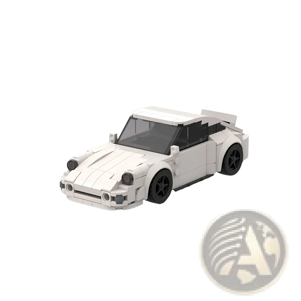 White lego Porsche 911 sports car building block model with black wheels and detailed paneling from the back side