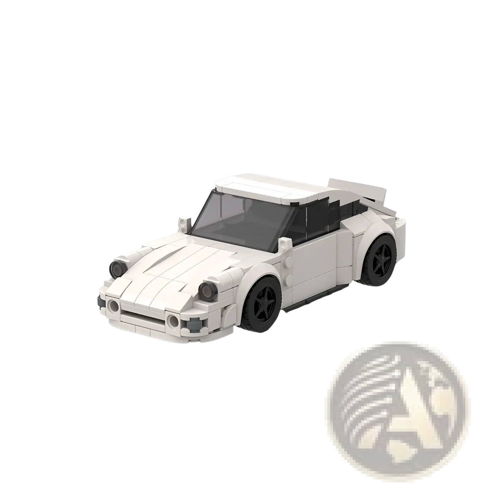 White lego Porsche 911 sports car building block model with black wheels and detailed paneling from the back side