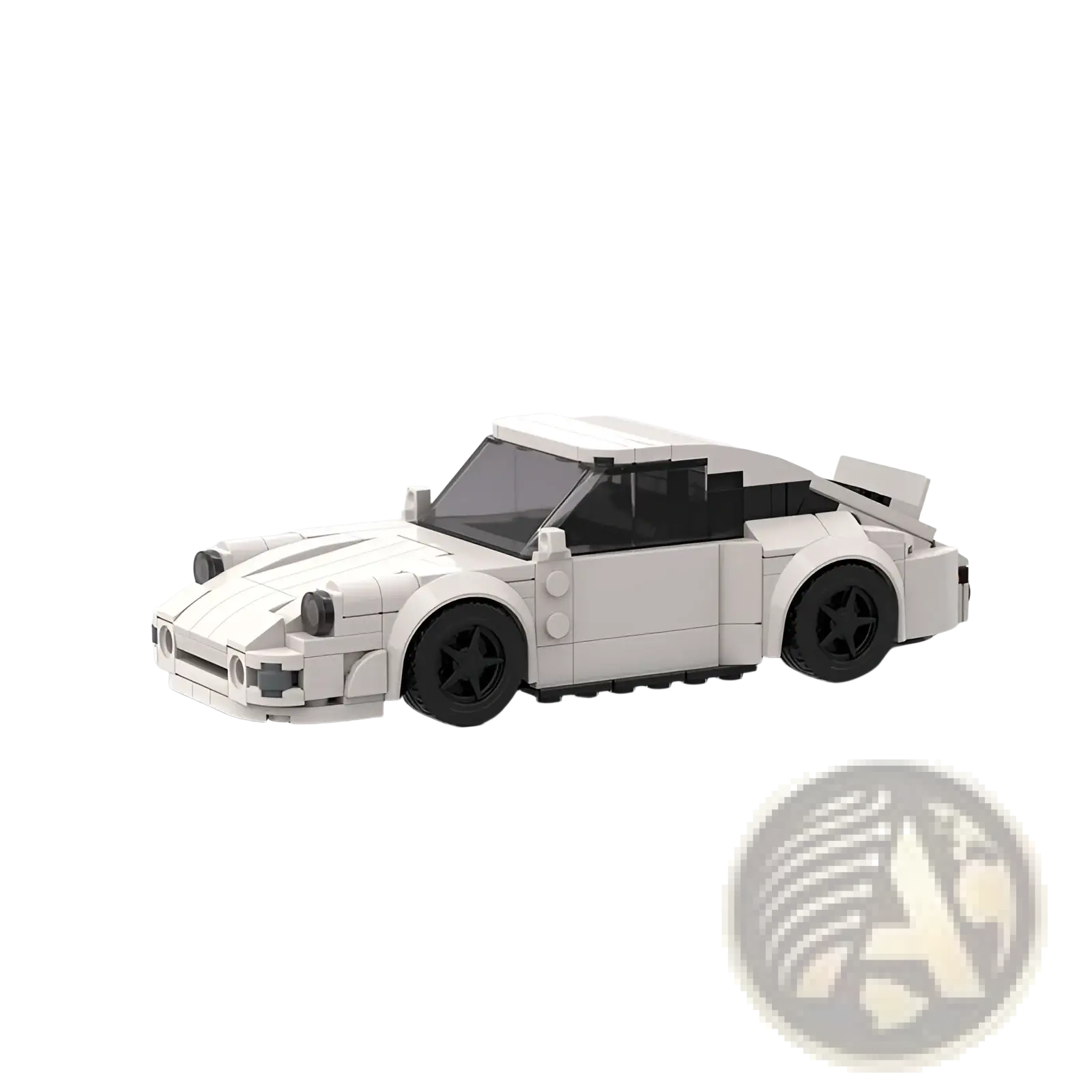 White lego porsche 911 sports car building block model with black wheels and windows shown from the back side