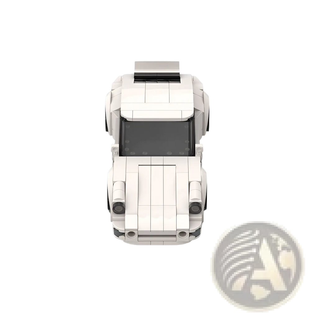White lego porsche 911 sports car building block model with black windows and detailed paneling shown from the back side