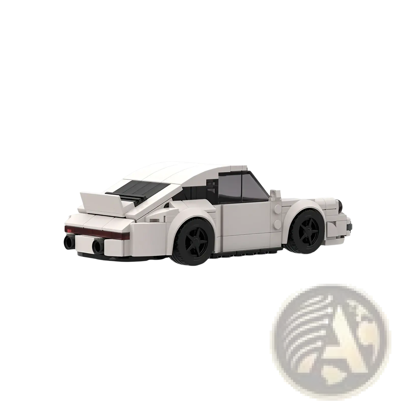 Porsche 911 white sports car building block model showing back side with black wheels and red taillight accents