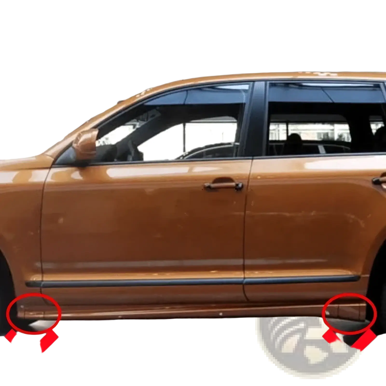 Bronze-colored porsche cayenne suv with black alloy wheels featuring fender trim for 2007-2010 models rear view