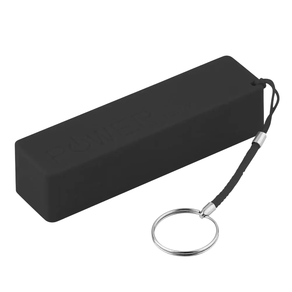 Black rectangular portable 18650 battery power bank dc5v 1000ma with keychain attachment and micro usb port