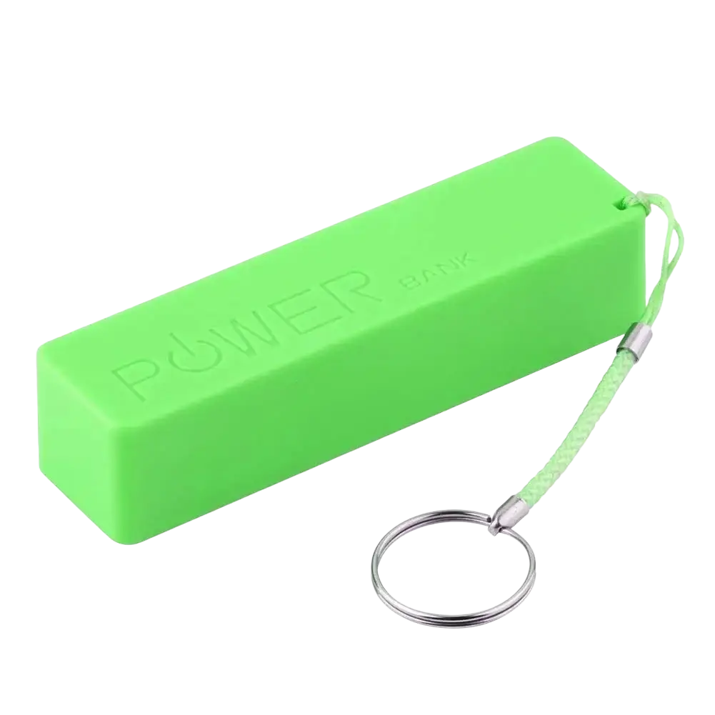 Bright green rectangular portable 18650 battery power bank with keychain loop and braided cord dc5v 1000ma micro usb
