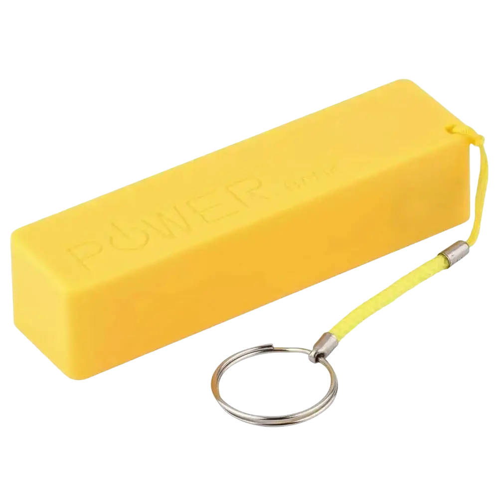 Bright yellow rectangular portable 18650 battery power bank with keychain attachment and dc5v 1000ma input via micro usb