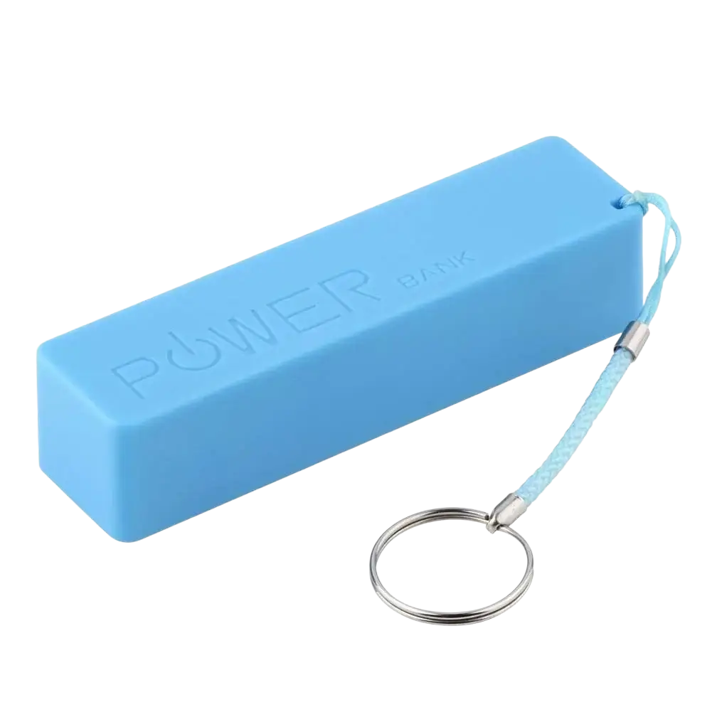 Light blue rectangular portable 18650 battery power bank with dc5v 1000ma micro usb and keychain attachment