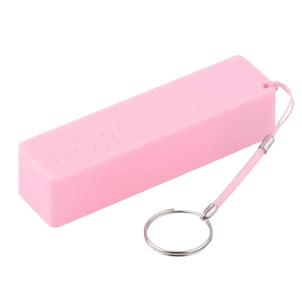 Pink rectangular portable 18650 battery power bank with keychain attachment and dc5v 1000ma micro usb input