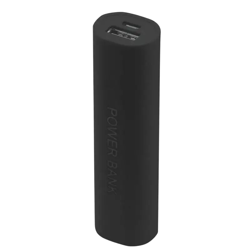 Black cylindrical portable 18650 power bank case with matte finish and integrated usb port on top for diy charging