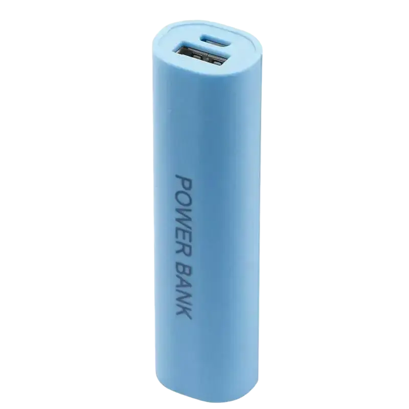 Light blue cylindrical power bank with usb port and power bank text designed as a diy shell charger case